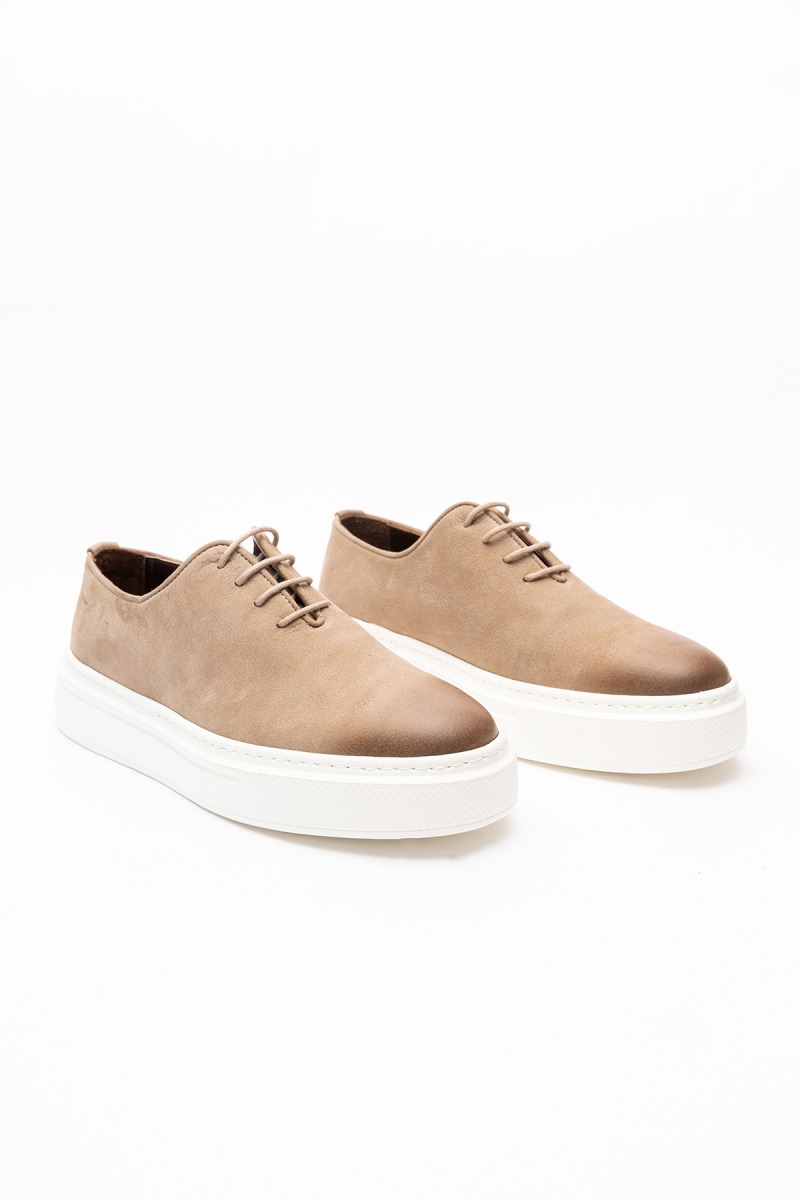 1052 Erkek Bej Nubuk Deri Kalın Tabanlı Günlük Ayakkabı